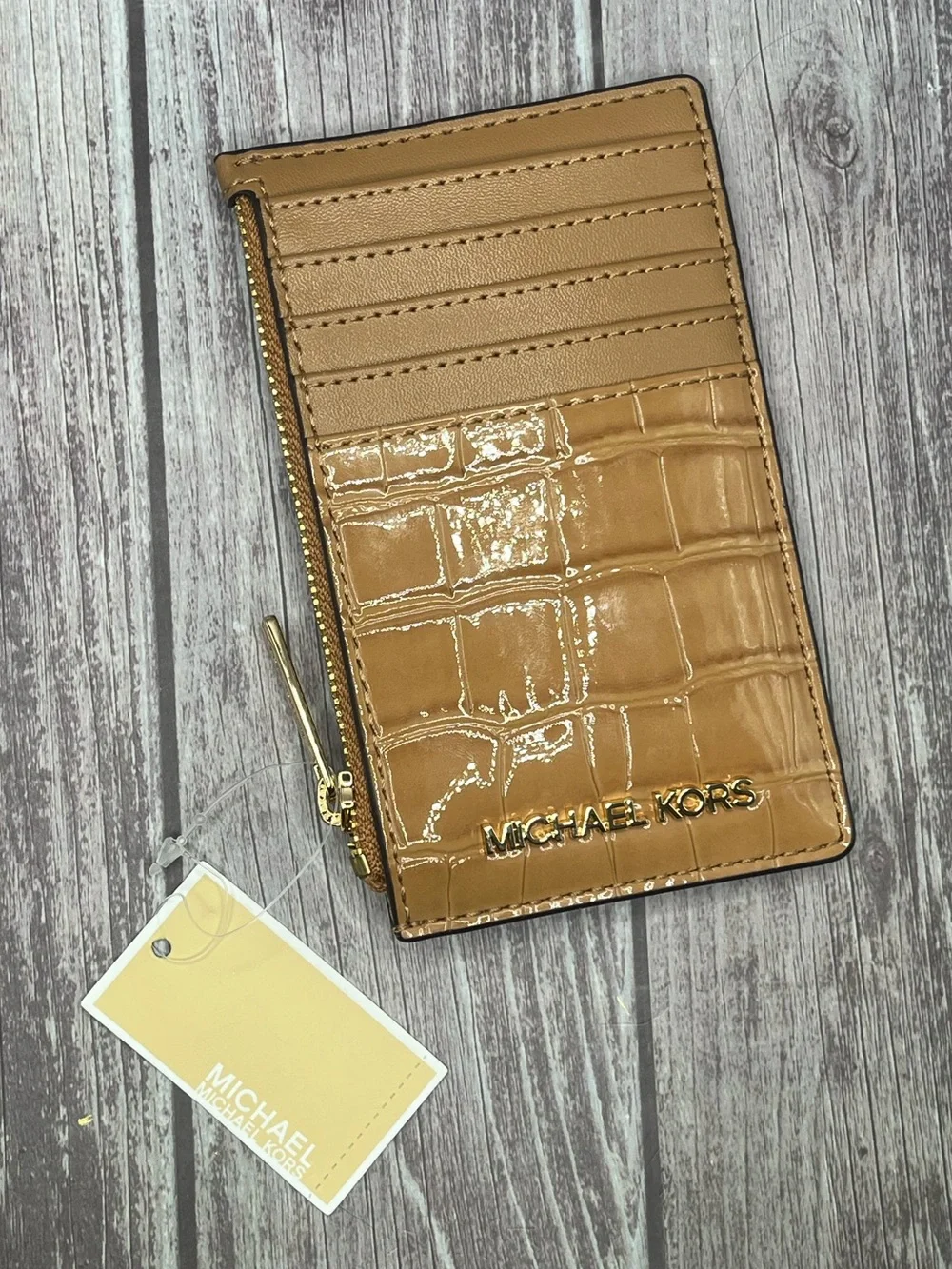 NWT MICHAEL KORS Jet Set Travel Croc Leather Zip Card Case Wallet - Camel/ Deer
